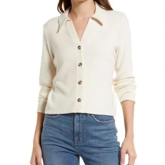 Madewell Brushed Ribbed Polo Crop Cardigan - Picture 2 of 7